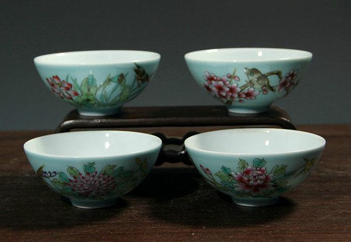 4 Hand-Painting Famille Rose Porcelain Tea Cups Chinese Famille Rose Porcelain Porcelain Tea Set Chinese Style Ceramic Teaware 